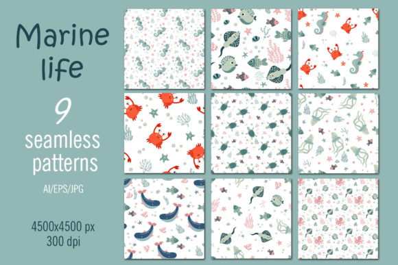 Marine Life Seamless Patterns: A Versatile Design Collection for Textiles, Packaging, and More